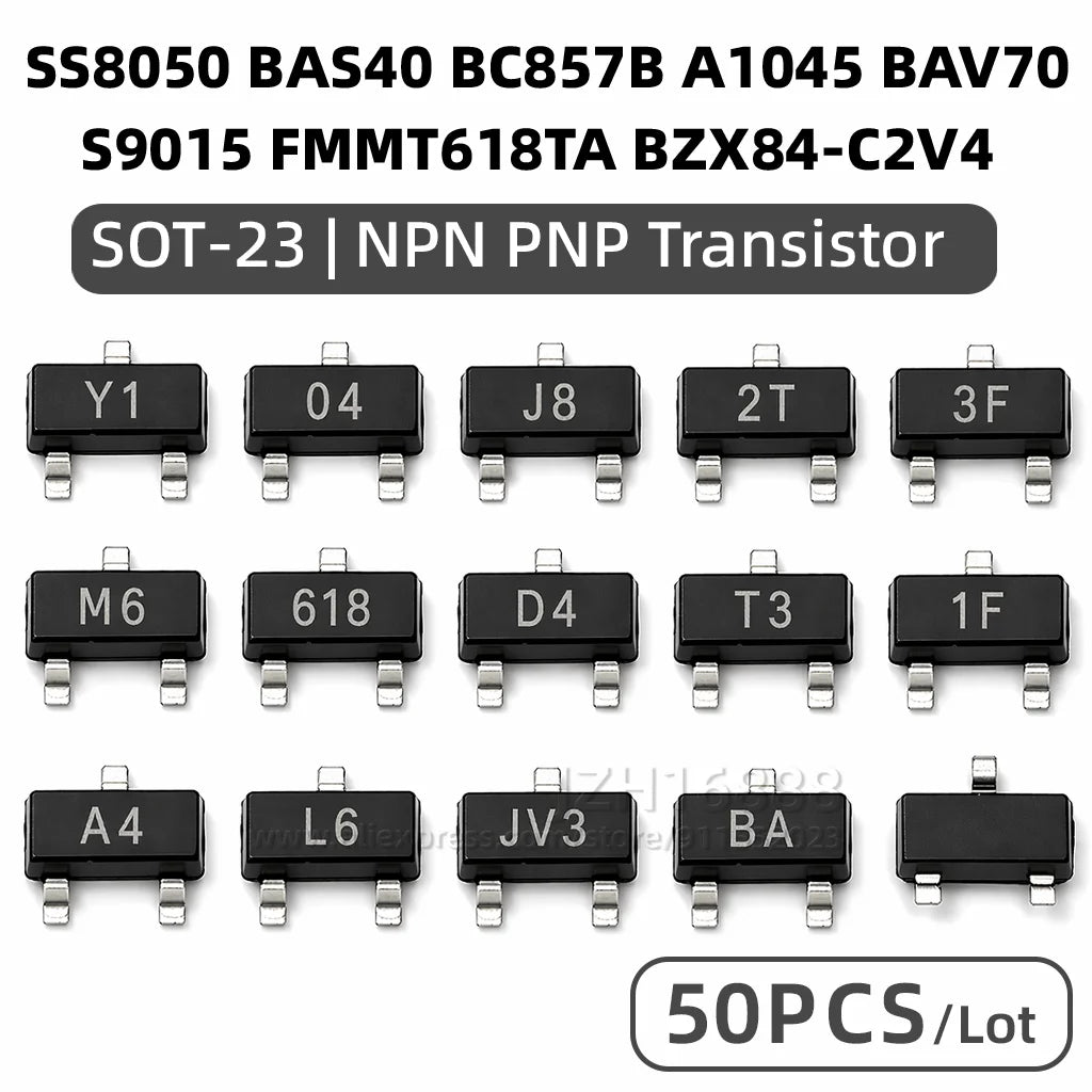 NPN PNP Transistor SOT23/S9018/MMBT4403/S9015/FMMT618TA//BZX84-C2V4/2SC1623/BAT54/A1015 Y1 04 J8 2T M6 618 D4 T3 1F A4 L6 JV3 BA