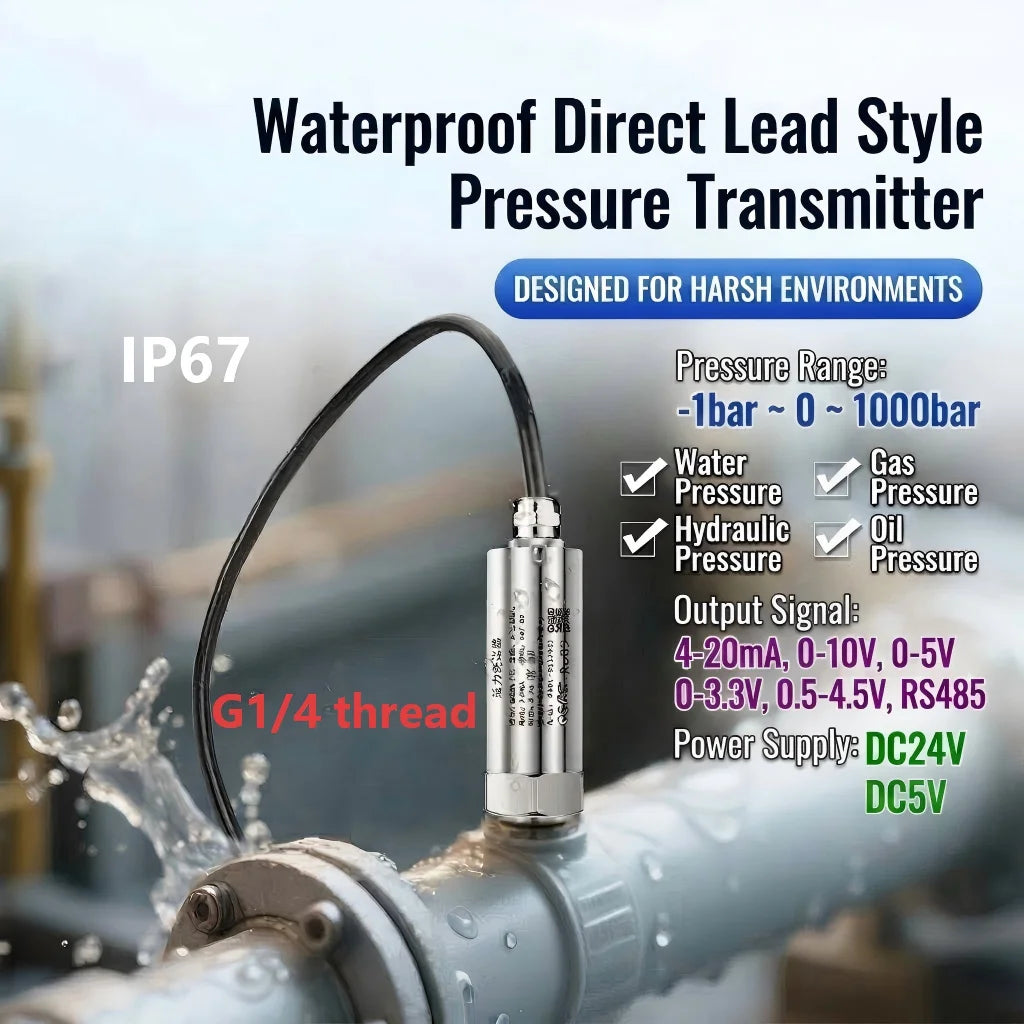 G1/4 Pressure Sensor 4-20mA 0-10V 0-100bar Direct Lead Pressure Transducer IP67 Direct Lead Pressure Transmitter 400bar 50bar