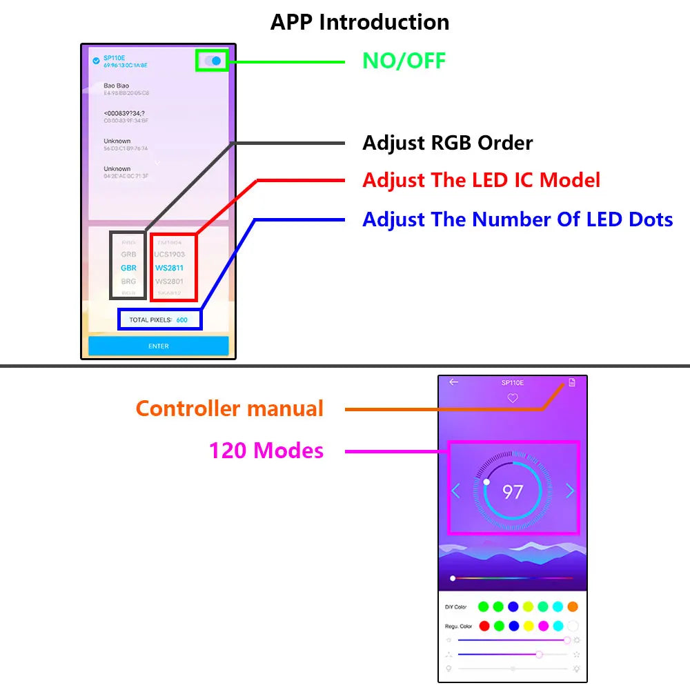 SP110E Bluetooth Controller WS2811 WS2812B LED RGB Individually Addressable Light Controller ,WS2811 WS2812 Strip Light  DC5-24V