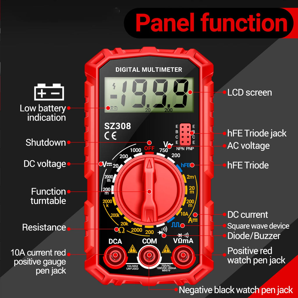 SZ308 1999 Counts Digital Multimeter Square Wave Tester Buzzer HFE Triode AC/DC Voltage Current Resistance Test Tool