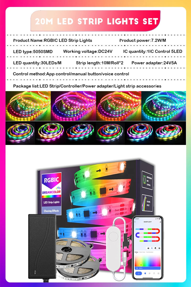 65.5ft/20m TUYA WS2811 TUYA DreamColor LED Strip Lights RGBIC Smartlife 60LEDs/M Flexible Tape Work with Alexa Google Assistant
