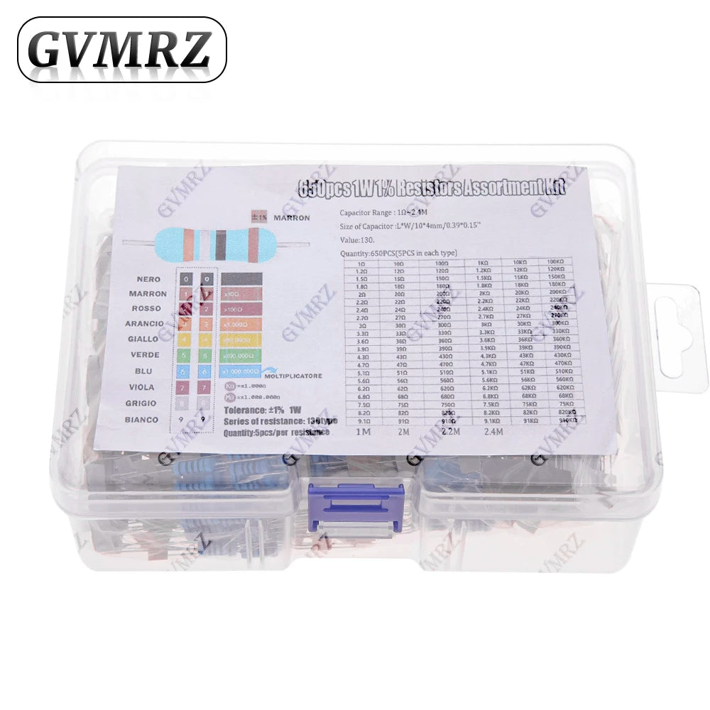 1/4W 1/8W 1/2W 1W 2W Metal Film Resistor Kit 130 Values 0.125W 0.25W 0.5W 1% Resistance Assortment Assorted Set Box 0.1667W