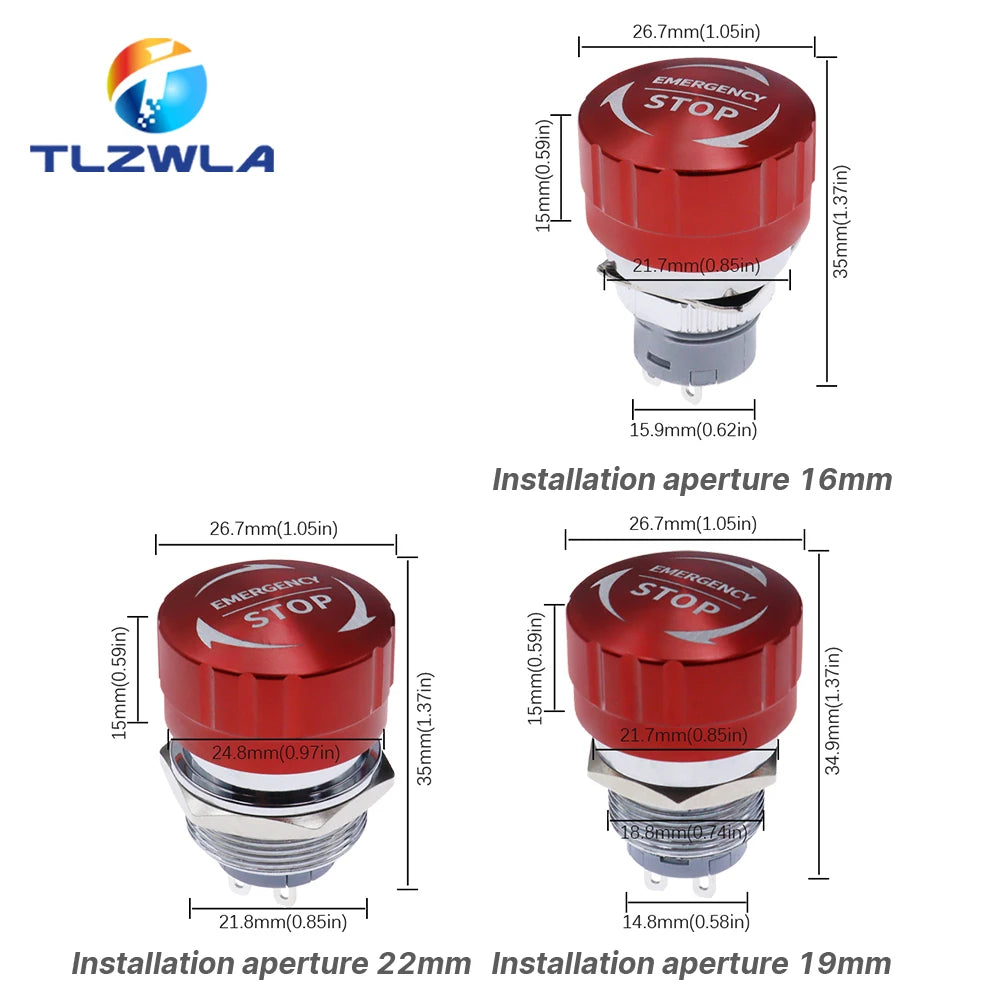 16/19/22mm Metal Emergency Stop Button Switch Stainless Steel Anti-slip Waterproof Mushroom Head Rotation Reset PTEN ﻿