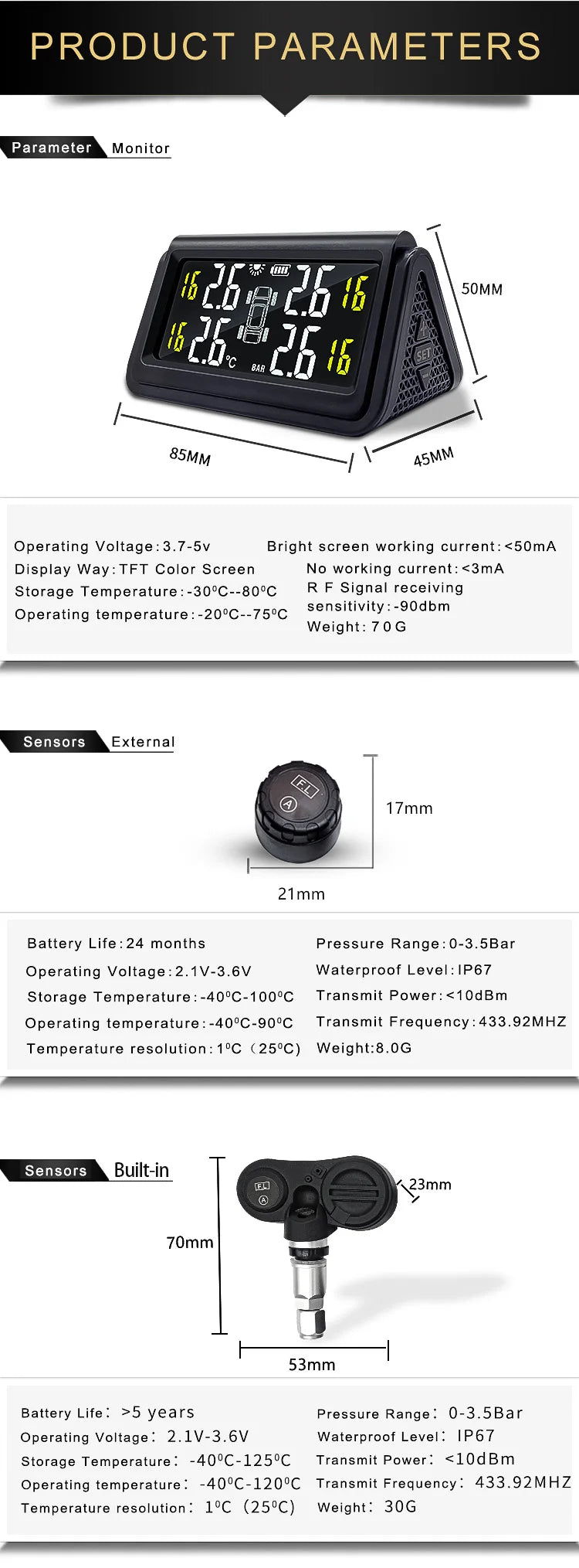 Solar Wireless Tire Pressure Monitoring System TPMS Auto Security Alarm Device Digital Colorful Display With 4 sensors