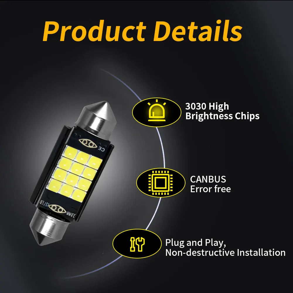 Powerful Bright Festoon LED 31/36/39/41MM Super White 3030 9/12Chips Car Interior Reading Trunk Mirror License Plate Light 12V