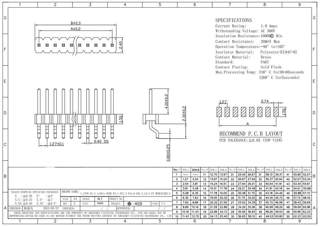 100pcs 1*2/3/4/5/6/40/50P 1.27mm Straight/RA 90d/ Horizontal RASMT Single Row 0.05" Gold-Plated Rohs PCB Male Pin Header