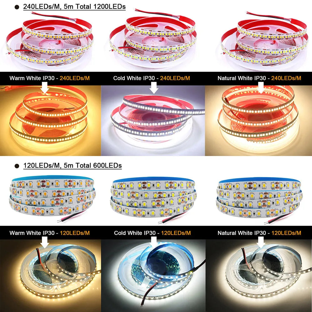 5V 12V 24V 2835 Led Strip 5m 300/600/2400 Pixels Led Tape SMD 3528 Fiexible Light Bar Strips Under Cabinet Lighting Backlight