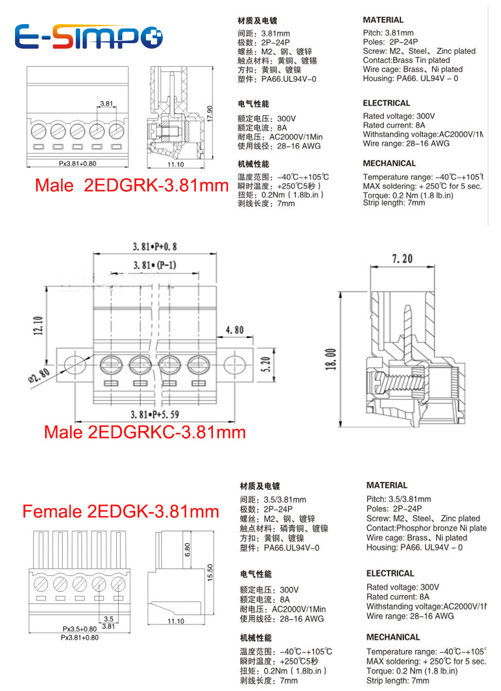 5Pairs 2EDGRK 15EDGRK-3.5mm 3.81mm 2-24P Right Angle Screw Plug Male+Female Socket 28-16AWG Wire Screw Terminal Block Connector