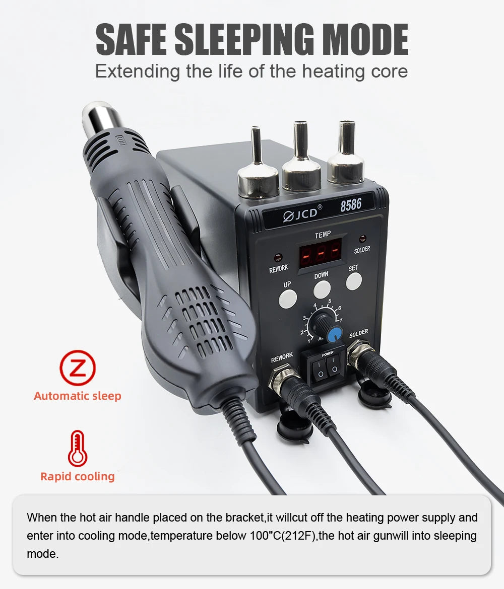 JCD 2 in 1 Digital Soldering Station Hot Air Gun Solder Iron SMD BGA Rework Desoldering Welding Repair Tools 760W 220V 110V 8586