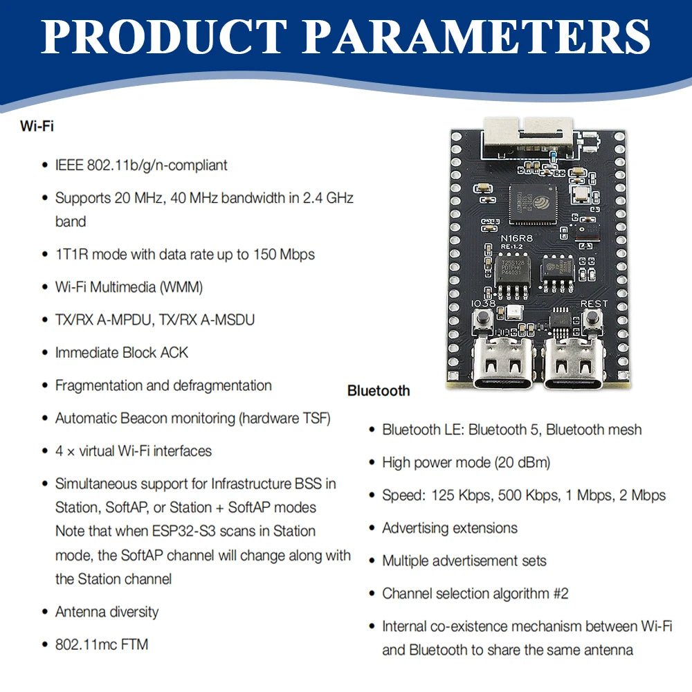 ESP32-S3 Development Board 2.4G Wifi BT Module with MIC OV2640 Camera Module 8MB PSRAM 16MB FLASH NEW ESP32S3 N16R8 CAM