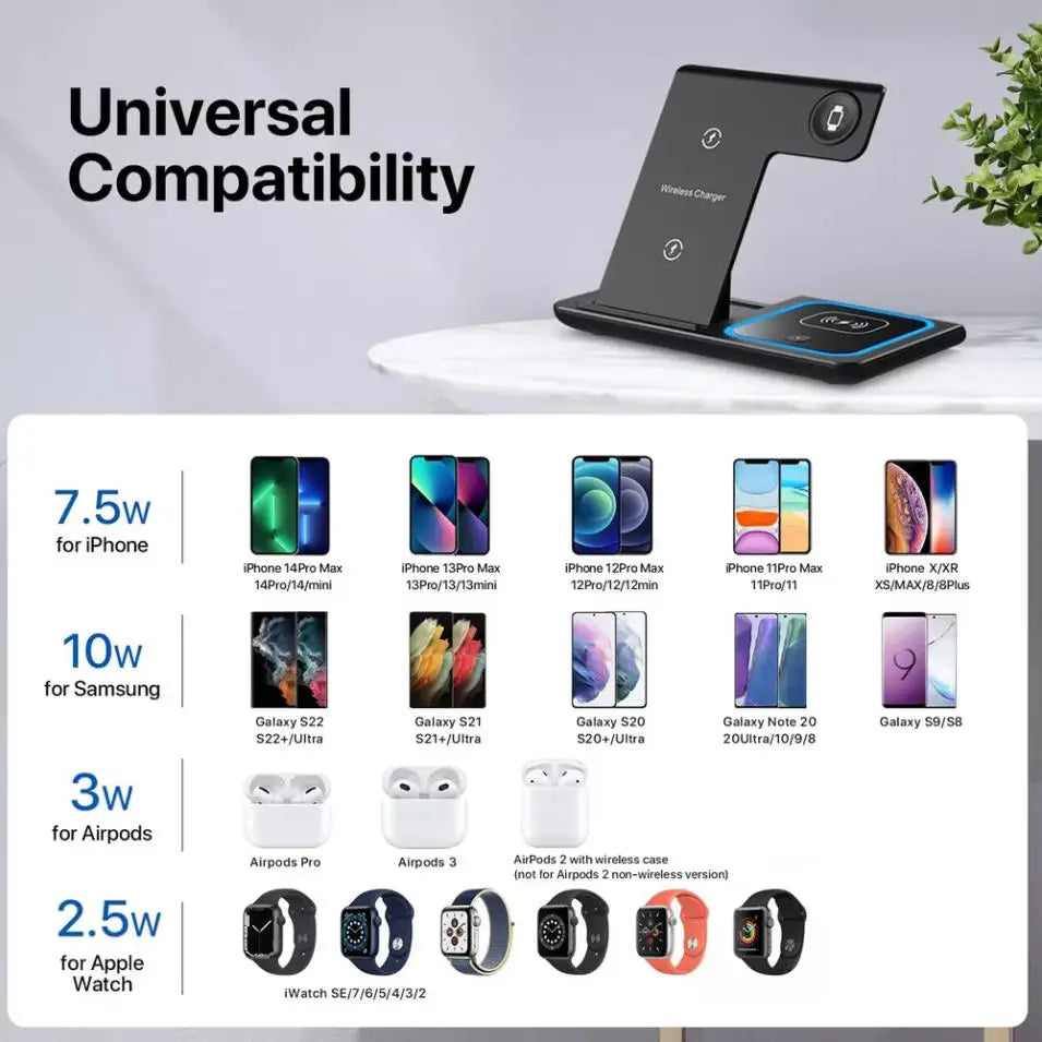 Fast Wireless Charger Charging Station 3-in-1 with Foldable Stand for Samsung iPhone 17 16 15 18 14 13 12 Apple Watch 9 8 7 Airpods, Professional for Xiaomi Huawei Type C Data Cable
