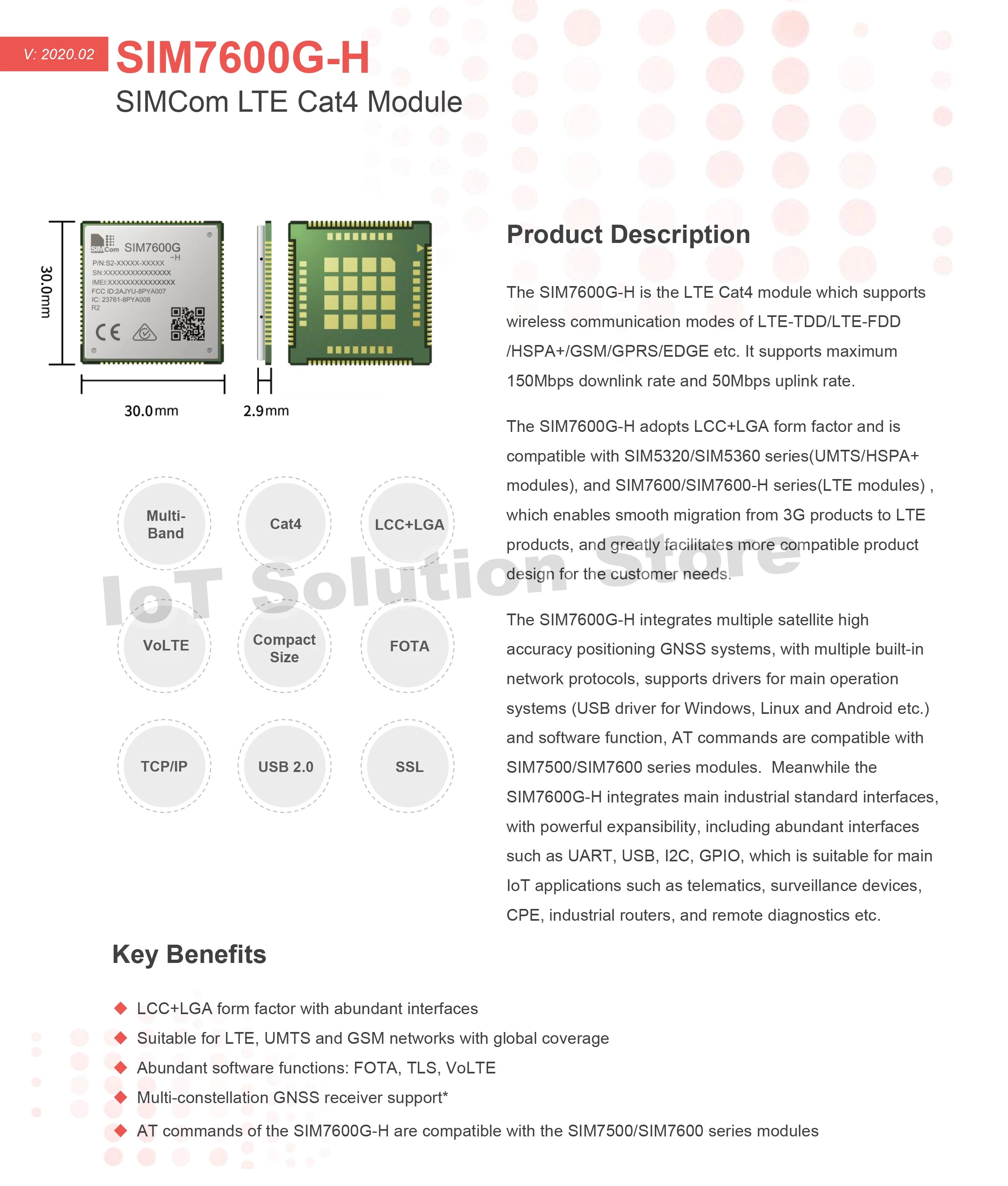 SIMCom SIM7600G-H MiniPCIe Global Region/Operator 150Mbps/50Mbps Cat.4 GNSS LTE 4G Module SIM7600 SIM7600GH SIM7600G H Mini PCIe
