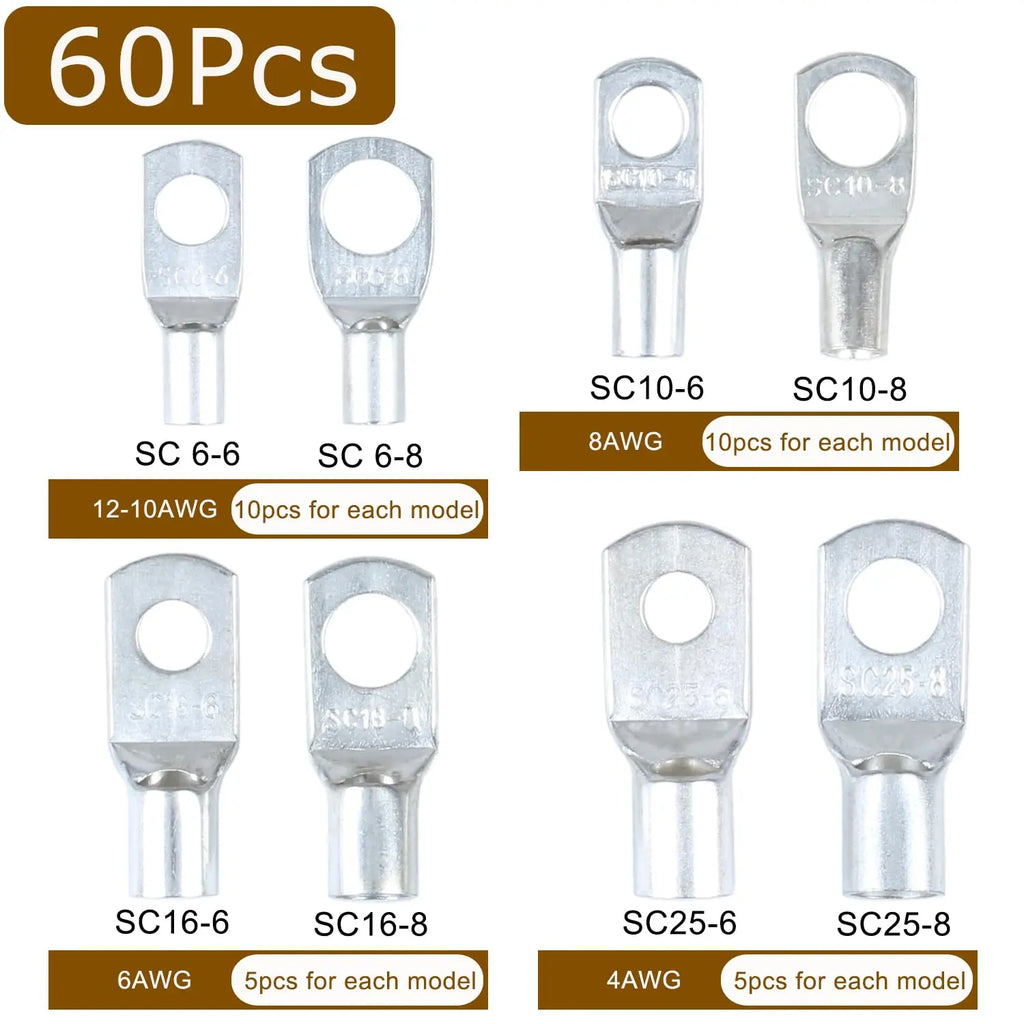 60PCS Tinned Copper Wire Lugs kit, Battery Terminal connectors Cable Ends, Ring terminals Used on AWG10 8 6 4 Cables