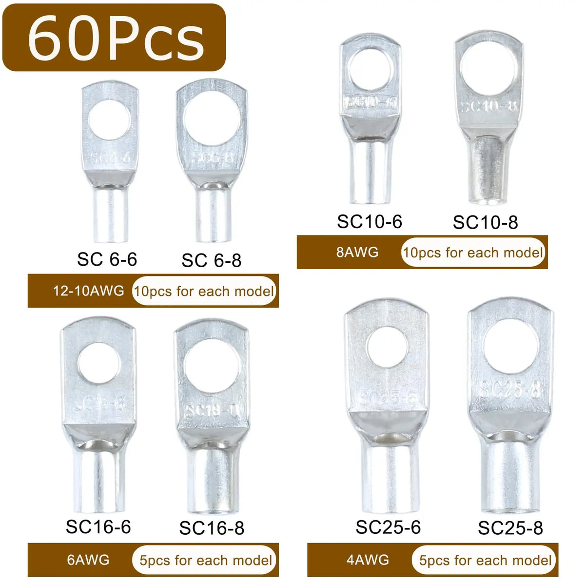 60PCS Tinned Copper Wire Lugs kit, Battery Terminal connectors Cable Ends, Ring terminals Used on AWG10 8 6 4 Cables
