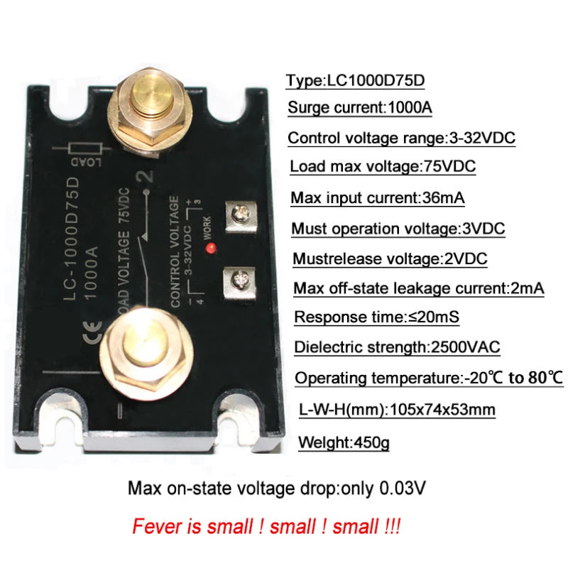 DC Control DC Solid State Relay 3-32VDC Control 75VDC Load Voltage High Current 500A 1000A with Heat Sink Raditor High Power SSR