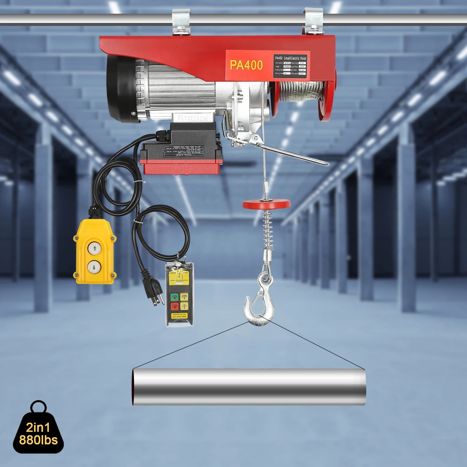 880LBS 110V Electric Winch, 2 in 1 Electric Hoist Winch with 328ft Wireless Remote Control Emergency Stop Heavy Duty Lift Hoist for Factory Garage Warehouse