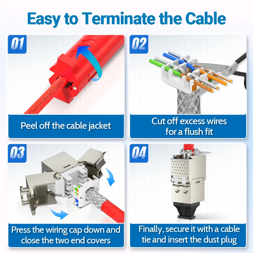 AMPCOM Pro+ Cat7/6A/6 Shielded Keystone Jack Zinc Alloy Toolless RJ45 Connector with 50u Gold Plated Pins for High-Speed Network