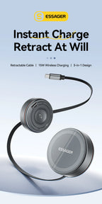 Essager 15W 3 in 1 Magnetic Wireless Charger With 96cm Retractable Type-C Cable For iPhone 16 15 14 13 Pro Max Airpods Watches