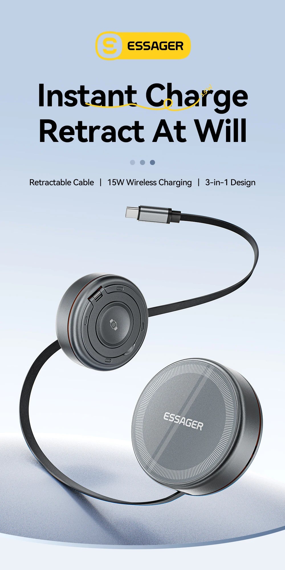 Essager 15W 3 in 1 Magnetic Wireless Charger With 96cm Retractable Type-C Cable For iPhone 16 15 14 13 Pro Max Airpods Watches