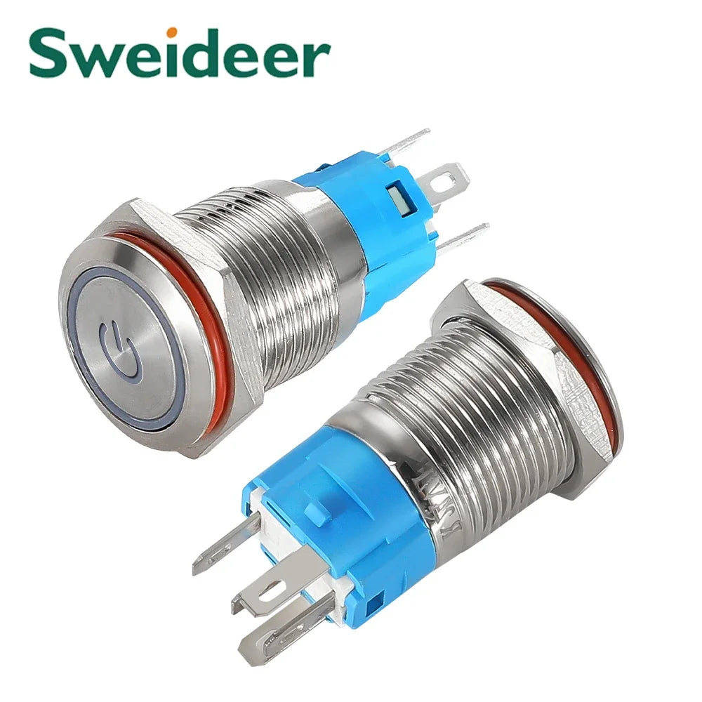 12/16mm Flat LED Illuminated Reset Latching Ring LED Metal Push Button Switch Waterproof On Off with Power Symbol