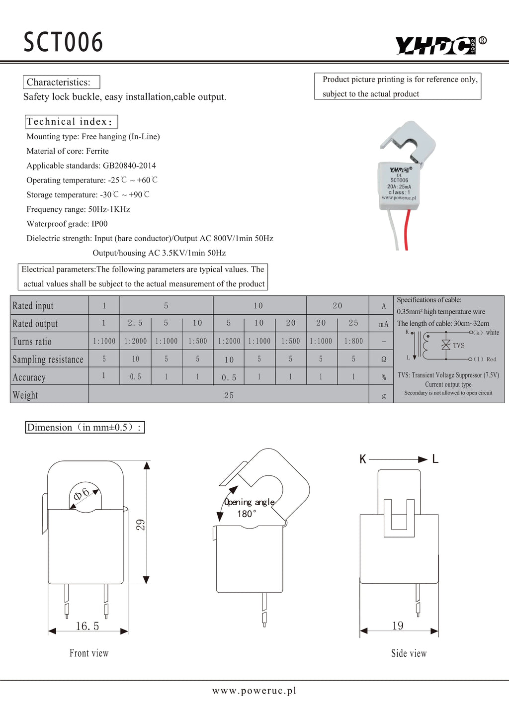 YHDC Split Core Current Transformer SCT006 Rated Input 1A/5A/10A/20A Output 1mA/2.5mA/5mA/10mA/20mA/25mA Accuracy 1%/0.5%