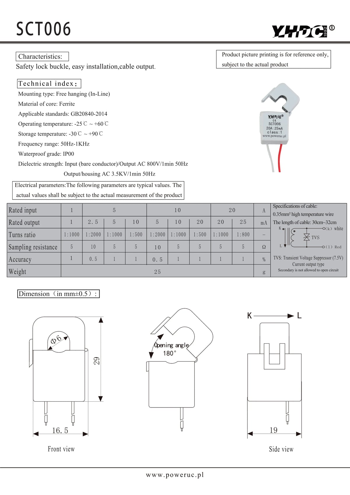 YHDC Split Core Current Transformer SCT006 Rated Input 1A/5A/10A/20A Output 1mA/2.5mA/5mA/10mA/20mA/25mA Accuracy 1%/0.5%
