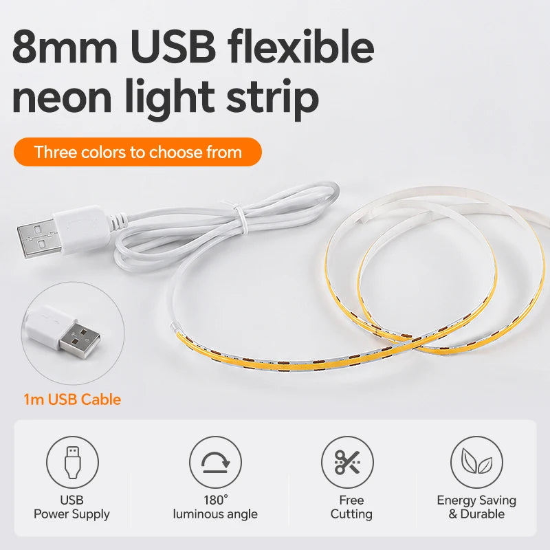 DC5V USB COB LED Strip Light 320LED/m High Density Flexible Self‑Adhesive LED Tape 3000K‑6500K For Cabinet TV Backdrop Decor