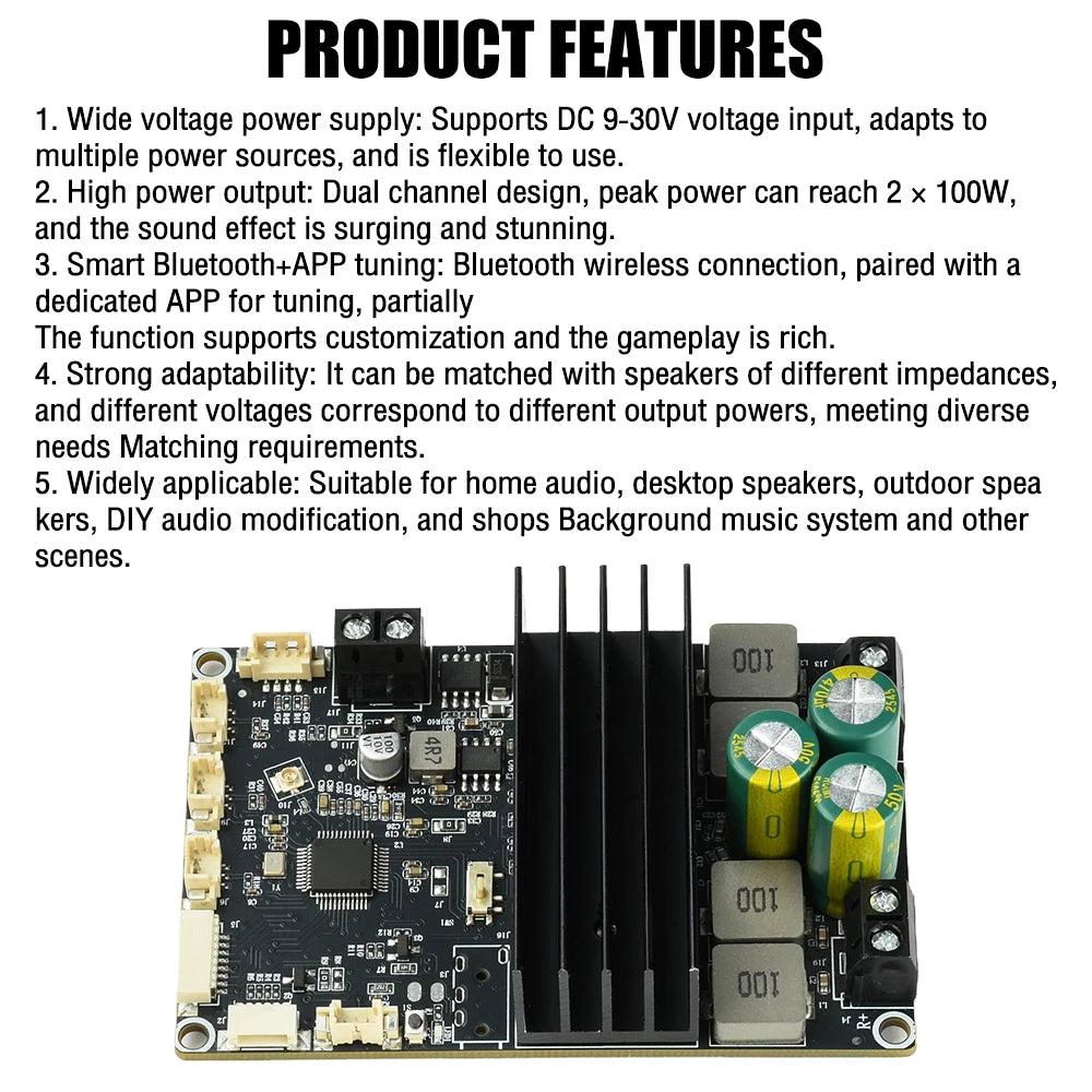 DC 9-30V Bluetooth Power Amplifier Module 2×100W Dual Channel APP Tuning Audio Board for Home Outdoor Speaker DIY Audio Upgrade