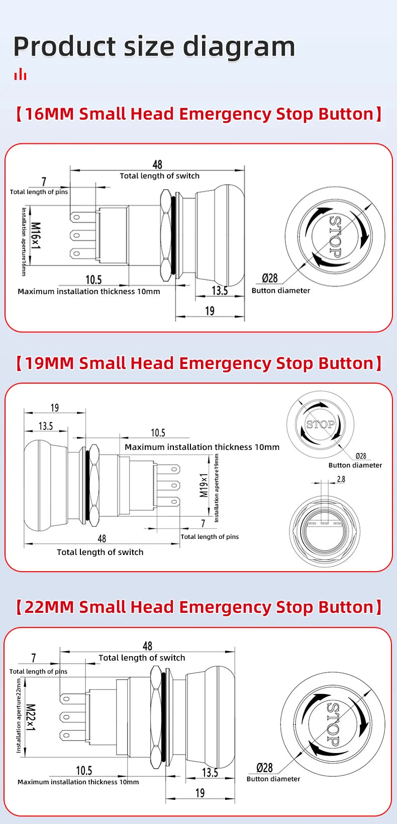 Metal Emergency Stop Button Switch 16/19/22mm Mushroom head Waterproof Stainless steel  Press Rotary Power off STOP 1NO1NC2NO2NC