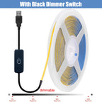 USB 3mm COB LED Strip Light 5V Flexible LED Tape with Dimmer/ON OFF Switch 320LEDs High Density Linear Lighting Backlight Decor