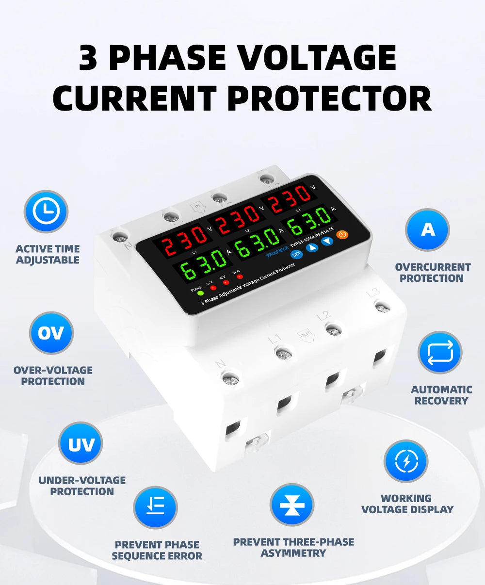 3 Phase Din Rail Voltmeter Ammeter Adjustable Over Under Voltage Current Limit Protection Monitor Relays Protector 63A 100A