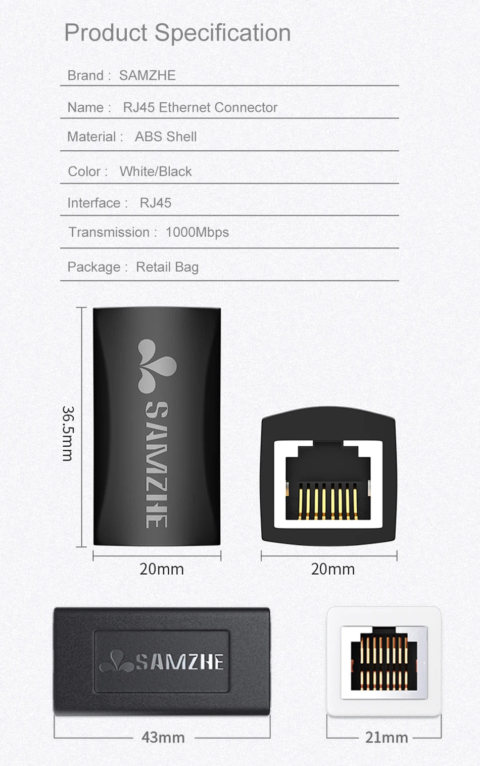 SAMZHE Ethernet Adapter 8P8C RJ45 Lan Cable Extension Connector for Internet Connection Cord Female to Female