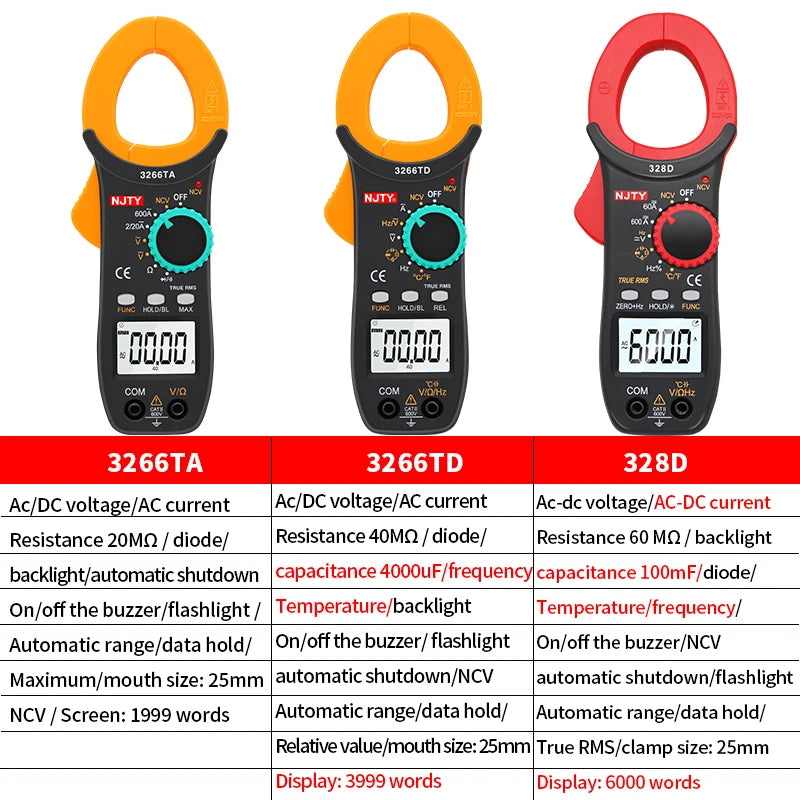 Digital Clamp Meter DC/AC Volt Amp Ohm Diode Multimeter Ammeter Multitester Current Voltage Resistance Tester NCV NJTY 3266TA