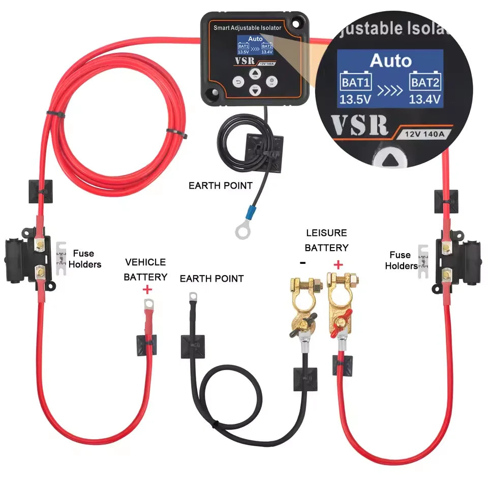 12V 140A Dual Battery Smart Isolator LCD Display VSR Car Relay Digital Voltage Sensitive Setting Split Charge Relay for Camper