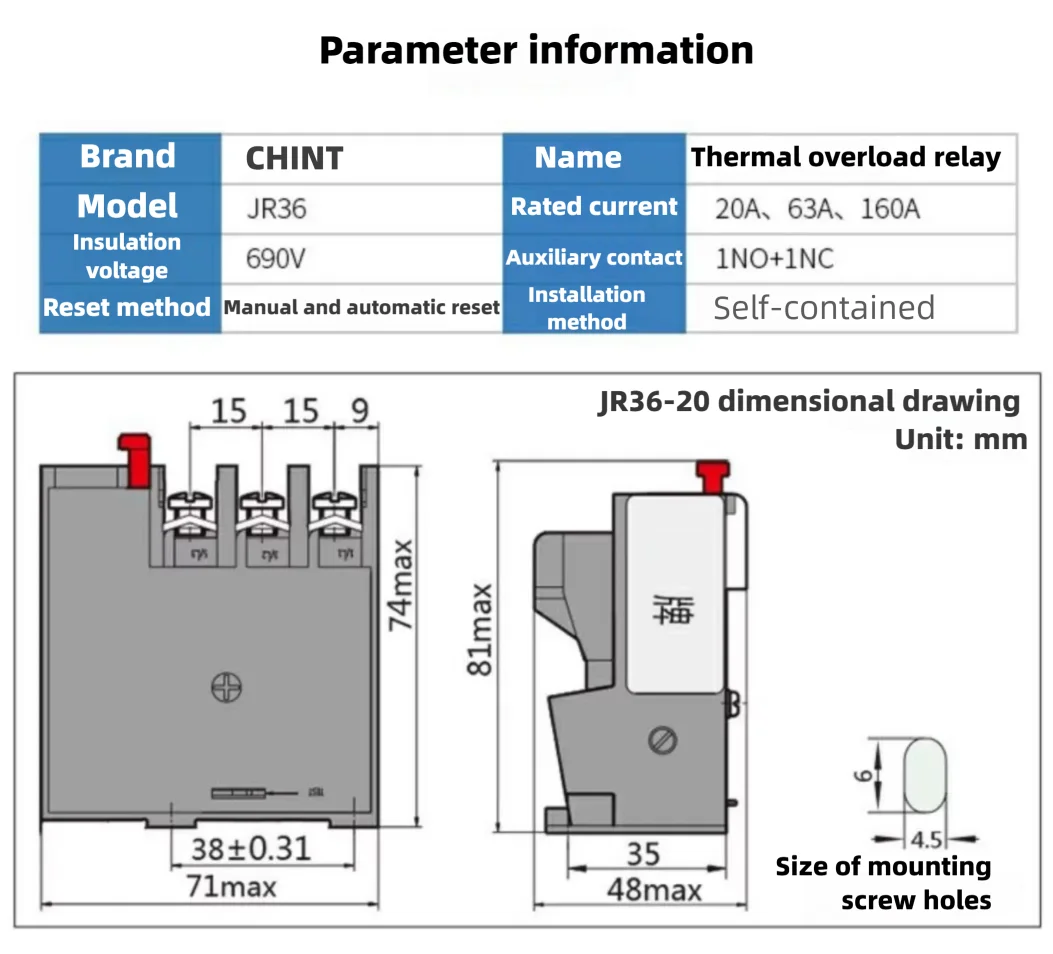 CHINT Thermal Overload Relay Thermal Overload Protector JR36-20 0.25-0.35A 1.0-1.6A 2.2-3.5A 4.5-7.2A 10-16A 14-22A