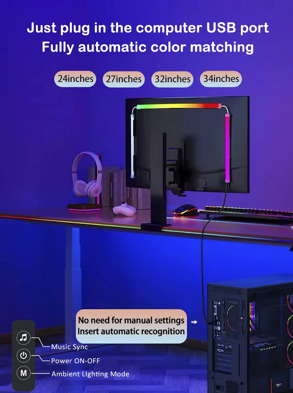 24-34 Inch USB PC LED Strip Lights Computer Sync Light Strip Monitor RGB Screen LED Backlight for Gaming Room Atmosphere Decor