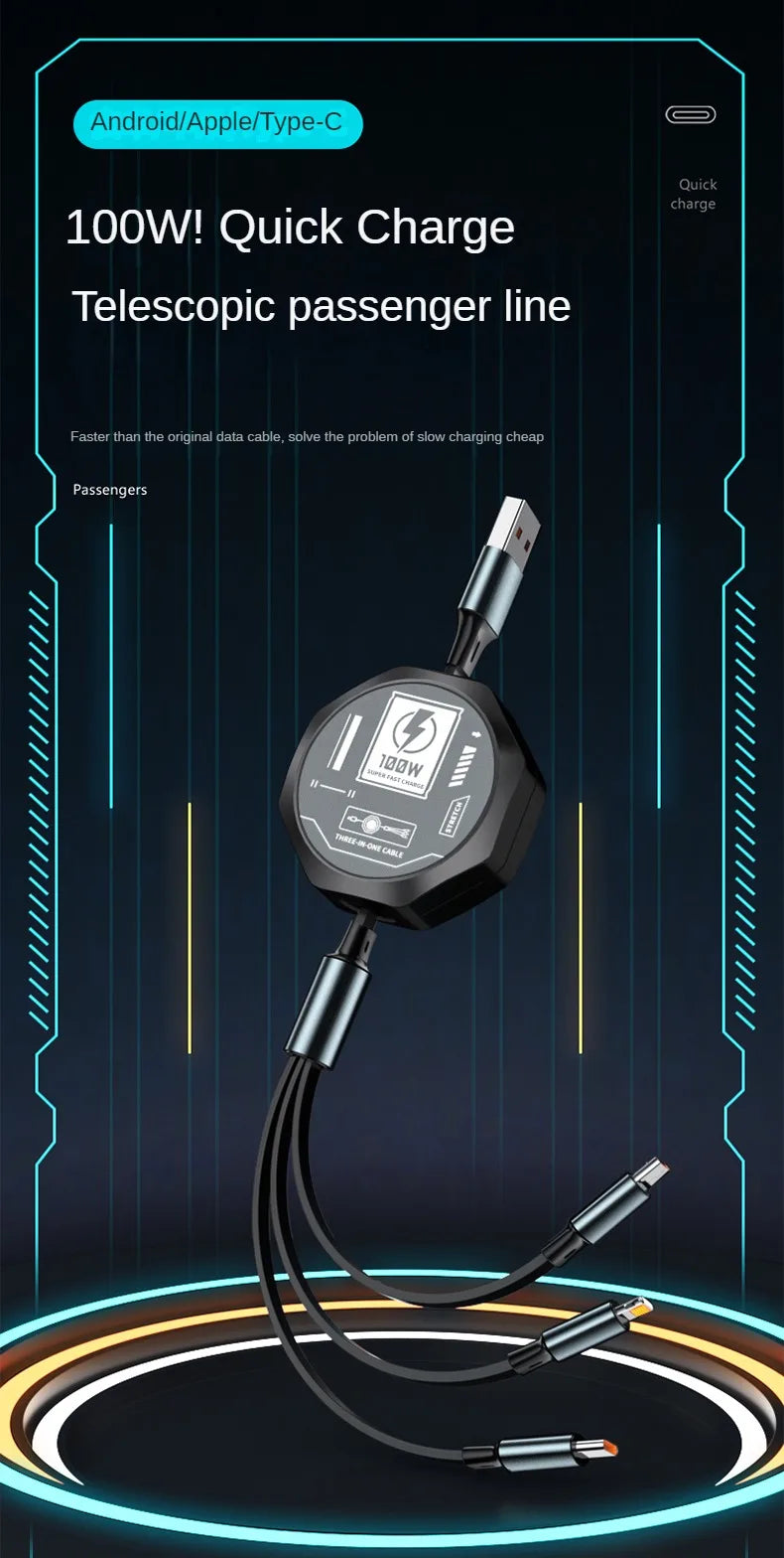3 In 1 Retractable USB 100W Cable Fast Charging And Data Micro USB Type C For iphone6-14 Android Phone Xiaomi Huawei OPPO
