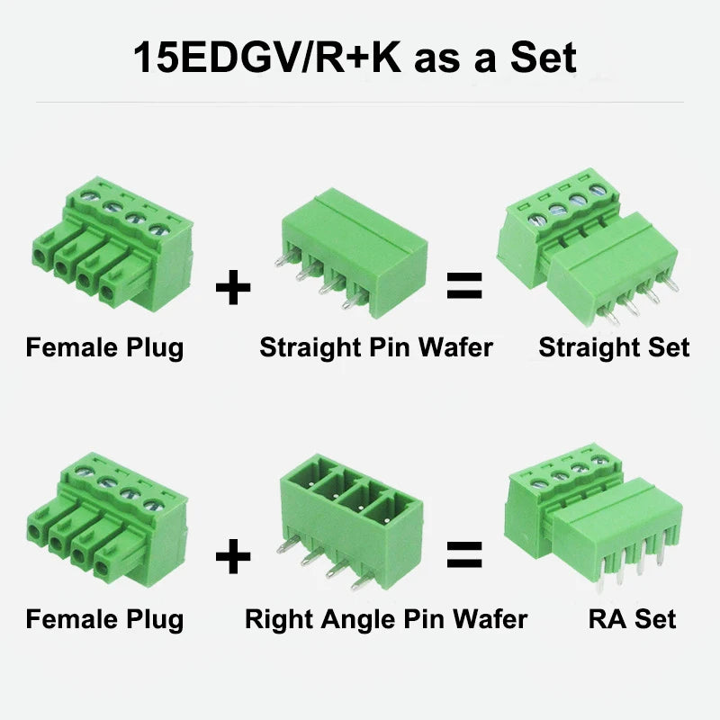 20pcs/20pairs 15EDG 2EDGK-3.81mm Female Straight  RA Male Wafer 300V8A 2P-24P PCB Phoenix Plug-in Wire Terminal Block Connector