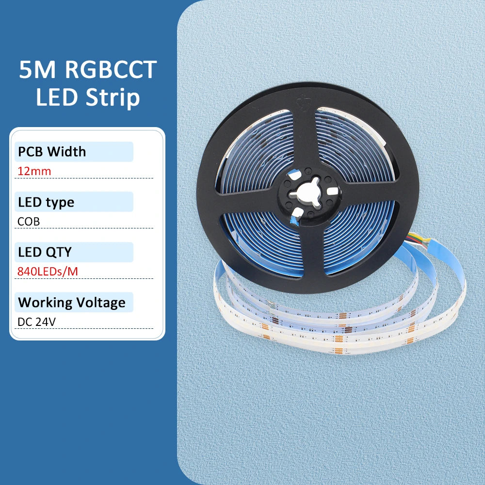 5M COB RGBCCT Led Strip 24V 6 Pin 12mm 840 Diodes RGB CCT WW CW 24 volt Flexible Led Stripe Neon Tape Ribbon Lamp for Room Decor