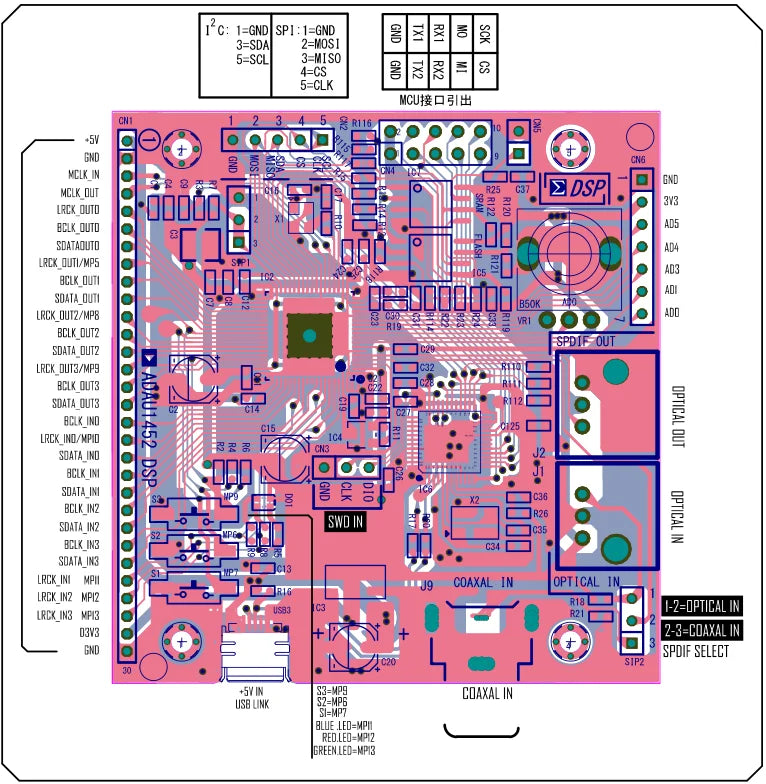 6 Inputs and 8 Outputs Decoding Board Audio and Video Development Board ADAU1452 DSP CS42448 Audio Module 48-192 Sampling Rate W