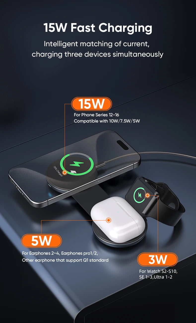 AUFU 3 in 1 Wireless Charging Station Fast Magnetic Foldable Travel Charger Station for iPhone 16 15 14 Pro Apple Watch Airpods