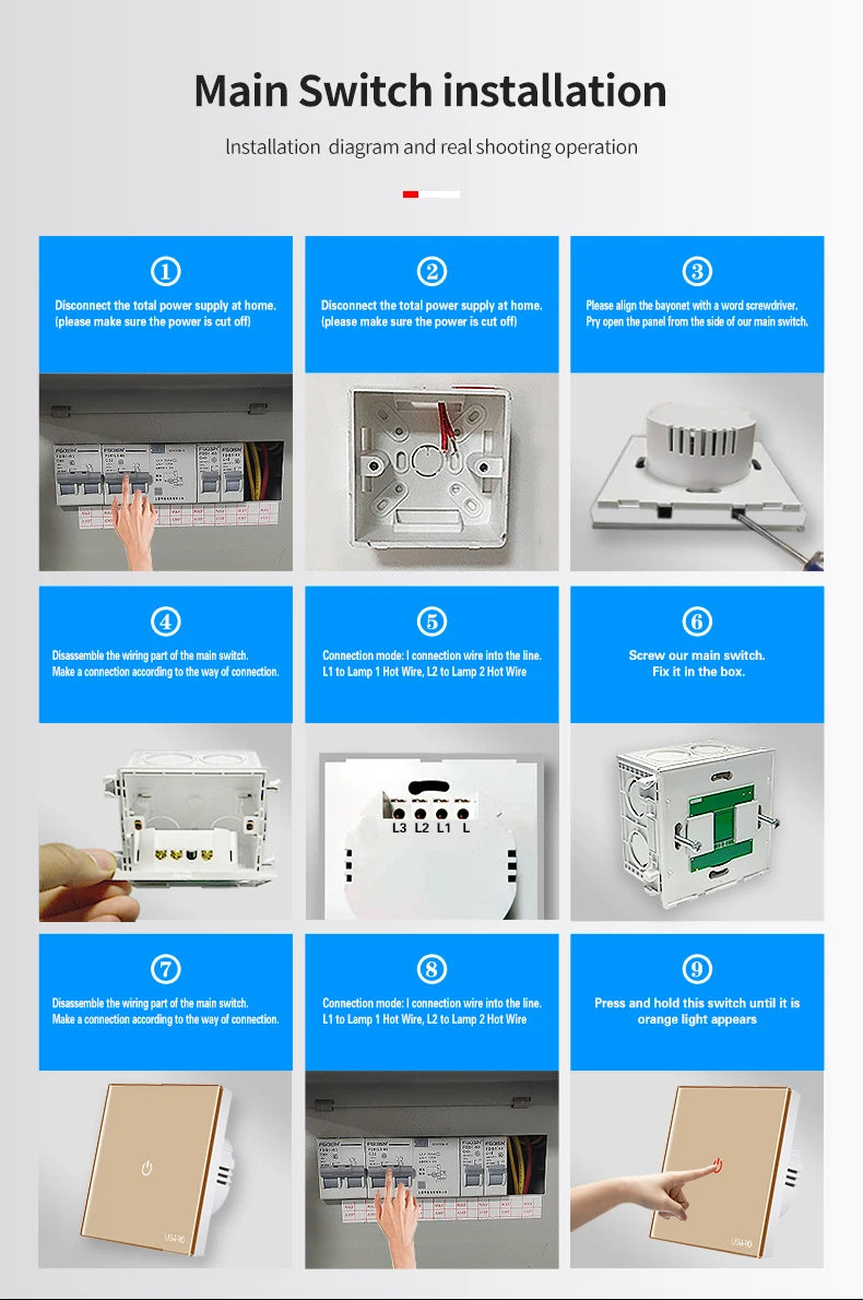 UBARO EU/UK Standard Crystal Tempered Glass Wall Panel Light Touch Switch Led Indicator Sensor Electrical Button 1/2/3Gang 220V