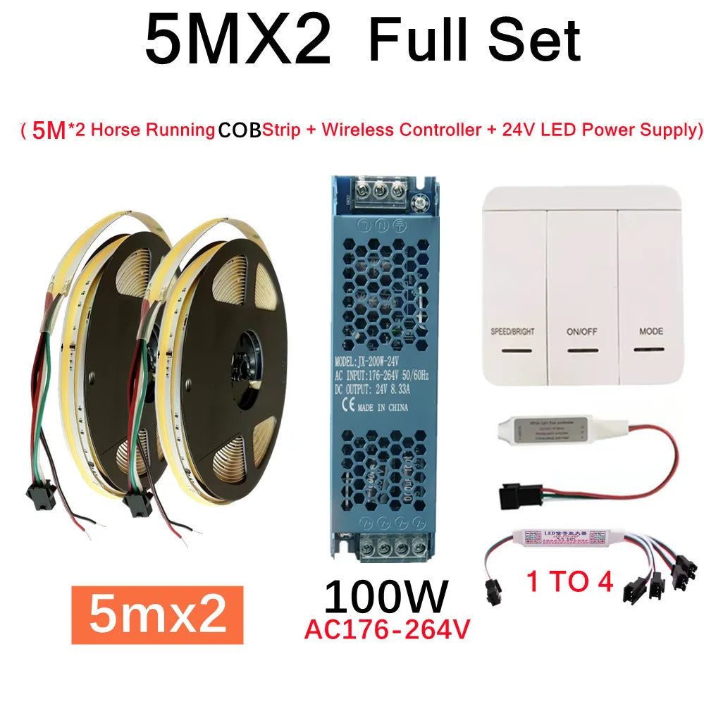 DC24V WS2811 COB LED Light Strip Kit 5M 10M 360LEDs/m Addressable Running Water Flowing Lamp With Wireless Controller Power Kit