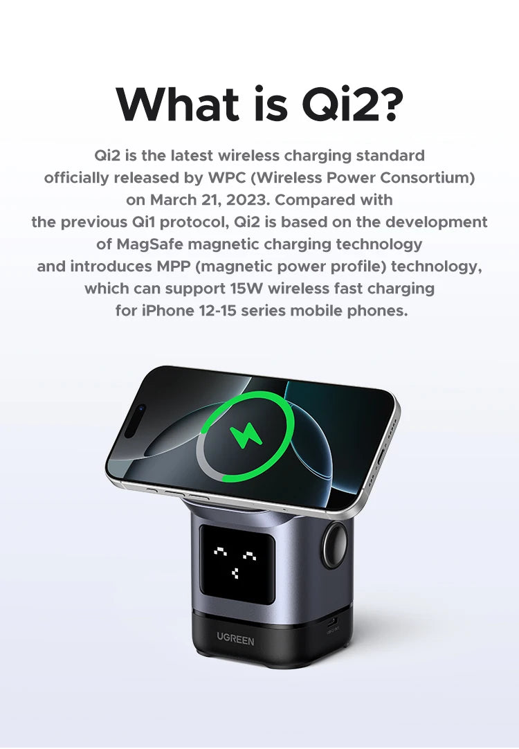 UGREEN UNO Qi2 15W Magnetic Wireless Charger Charging Stand With Cable  For iPhone 16 17 Pro Max For MagSafe Fast Charger