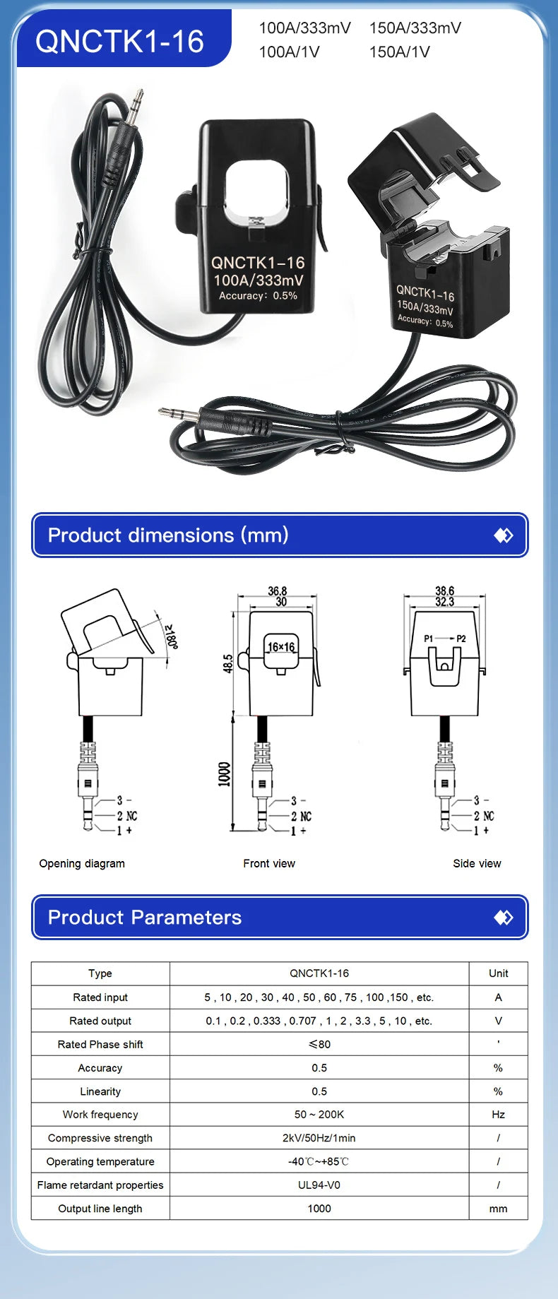 Split Core CT Current Transformer Factory QNCTK1-16 100A 333mV 60A 50A 1V 30A 20A 5A 1A 0.333V 100A/50mA Clamp ct Current Sensor