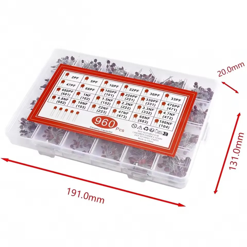 300/960pcs 50V Ceramic Capacitors Kit 2pF-0.1uF 30pF 100pF 1nF Electronic Components Package Capacitor Assorted Samples Diy Kit