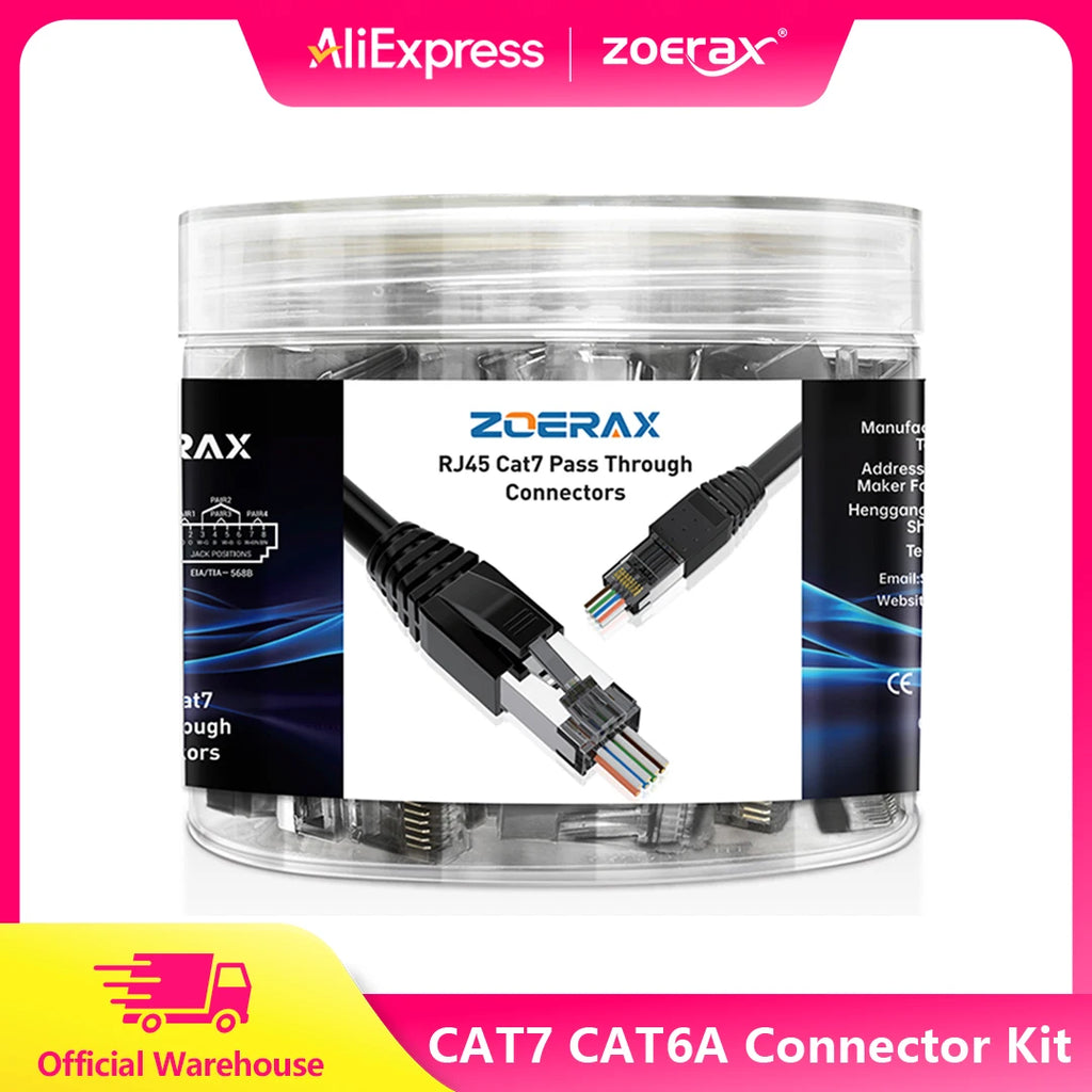 ZoeRax 50-Pack RJ45 CAT7 CAT6A Pass Through Connector Kit with Strain Relief Boots Shielded 3-Prong Network Modular Plug