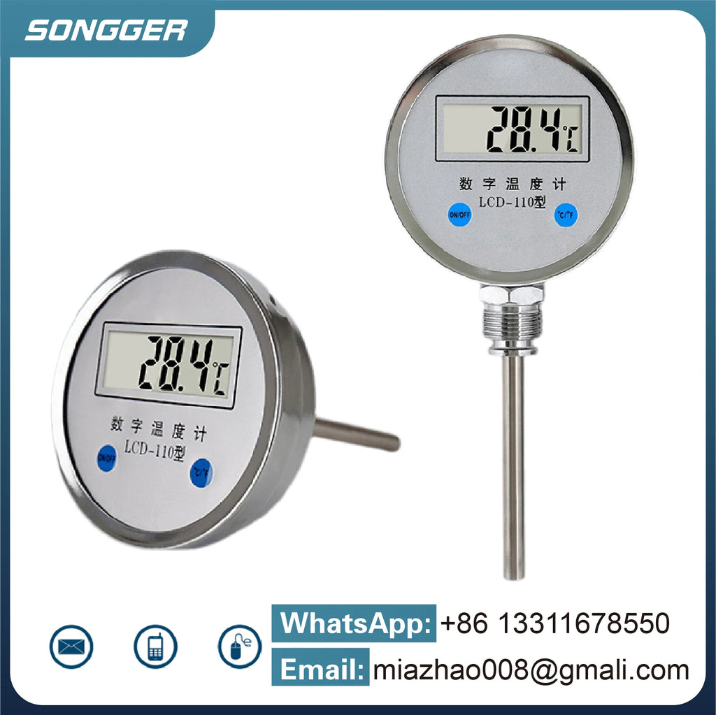 Digital Bimetal Thermometer LCD‑110 Stainless Steel Probe High Precision Water Temp Gauge Axial/Radial Mount IP65