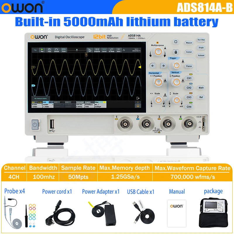 OWON ADS800A Portable Digital Oscilloscope 100MHz Bandwidth 1GSa/s 7" TFT-LCD Storage Multimeter Auto Measure USB/PC Connect