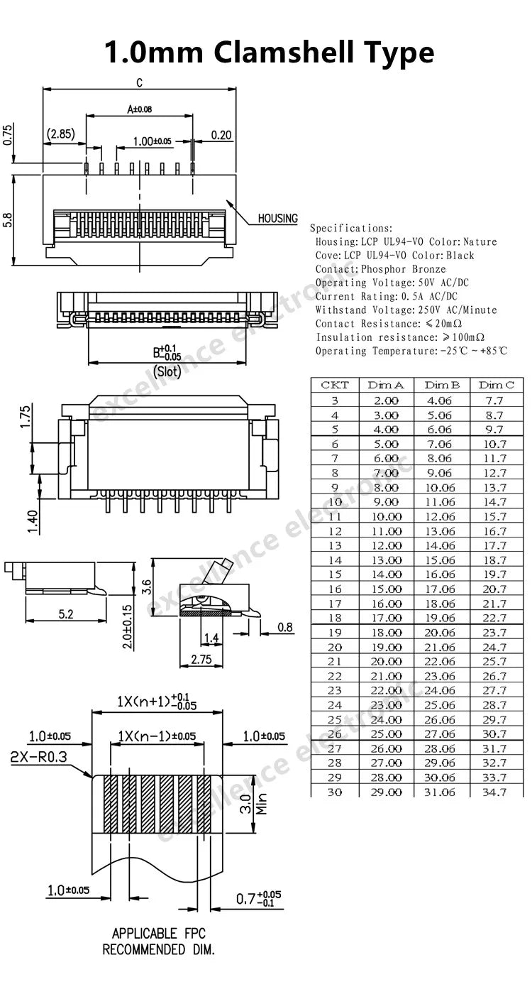 5pcs FPC Connector 0.5mm/1.0mm Pitch Drawer Type Upper/ Bottom Contact Type Socket FFC Flat Cable Socket 4P 5P 6P 8P 10P-60Pin